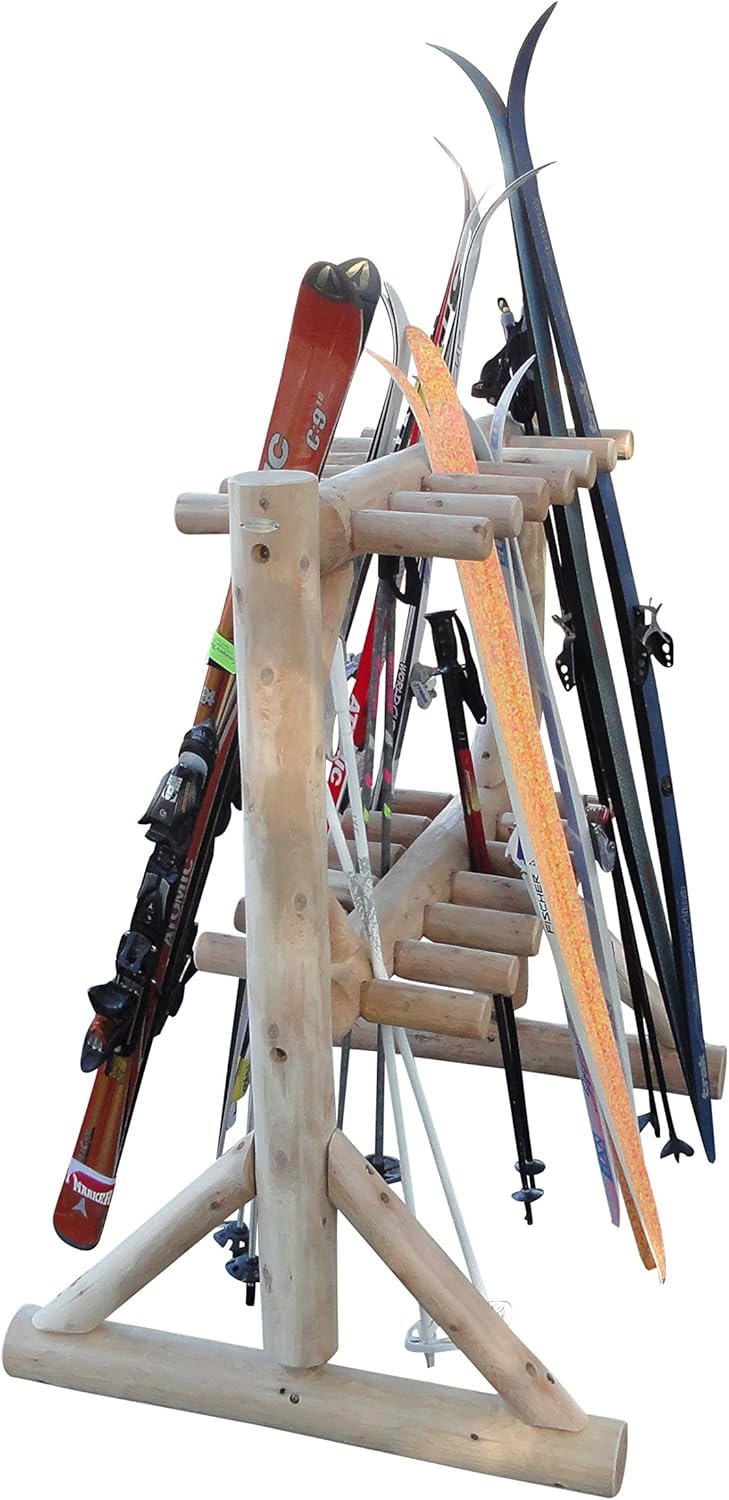 17-Pair Freestanding Skis + Snowboard Log Rack, Standing Shorter Ski Storage Racks, Snowboard Sports Organizer, Ski Poles Garage Sports Equipment Organizer, Rack for Snowboards - Unfinished