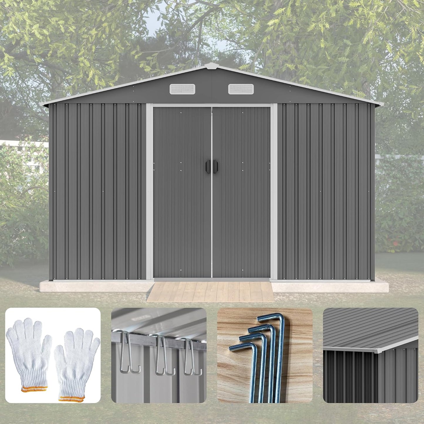 10X8 FT Outdoor Tool Storage Shed with Metal Foundation & Lockable Doors, All Weather Metal Sheds for Garden, Patio, Backyard, Lawn