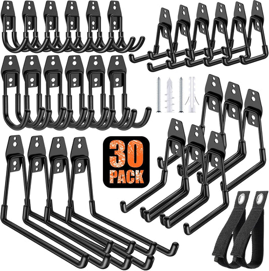30 Pack Heavy Duty Garage Hooks,Solid Steel Wall Mount Hangers,with Anti-Slip Coating,for Hanging and Organising Ladder,Bike,Ropes,Broom,Garden,Yard and Power Tools