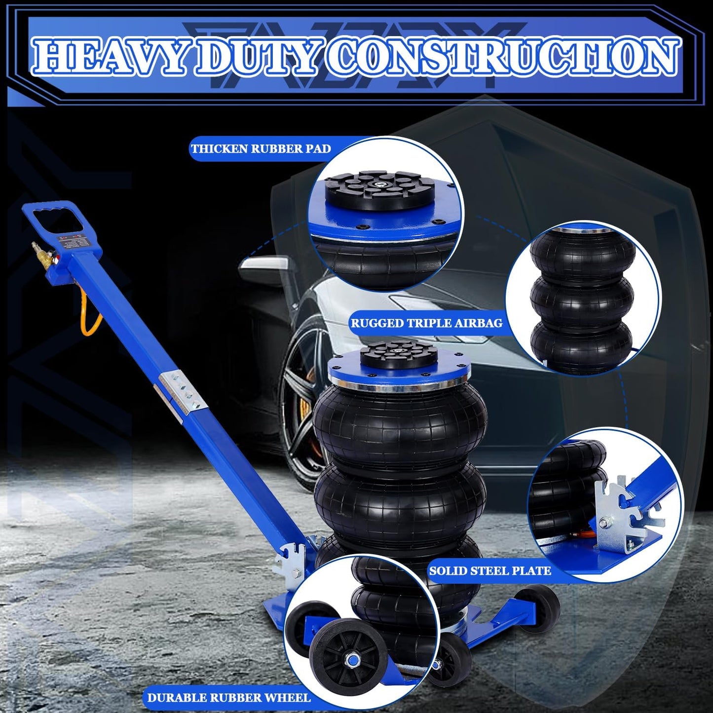 3T Triple Bag Air Jack 6600lbs Pneumatic Jack 3s Fast Lift Up 16in Airbag Jack with Adjustable Long Handle Heavy Duty Triple Air Bag Jack Lift for Cars Garage (Blue)