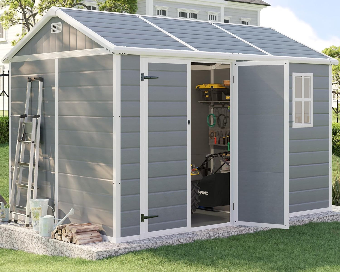 10.5x7.6x7.5 ft Outdoor Resin Storage Shed with Floor, Windows & Air Vents, Large Waterproof Tool Shed for Garden, Backyard, Lawn Equipments & Bikes, Grey