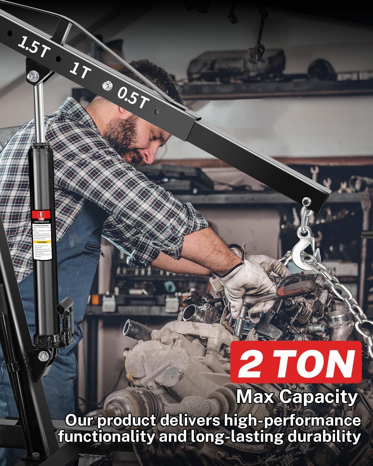 2-Ton Folding Engine Hoist, Hydraulic Shop Crane with 6 Swivel Wheels & Adjustable Boom (0.5T-2T), Heavy-Duty Cherry Picker for Garage, Workshop, Truck, Farm (Net Wt. 157 lbs)