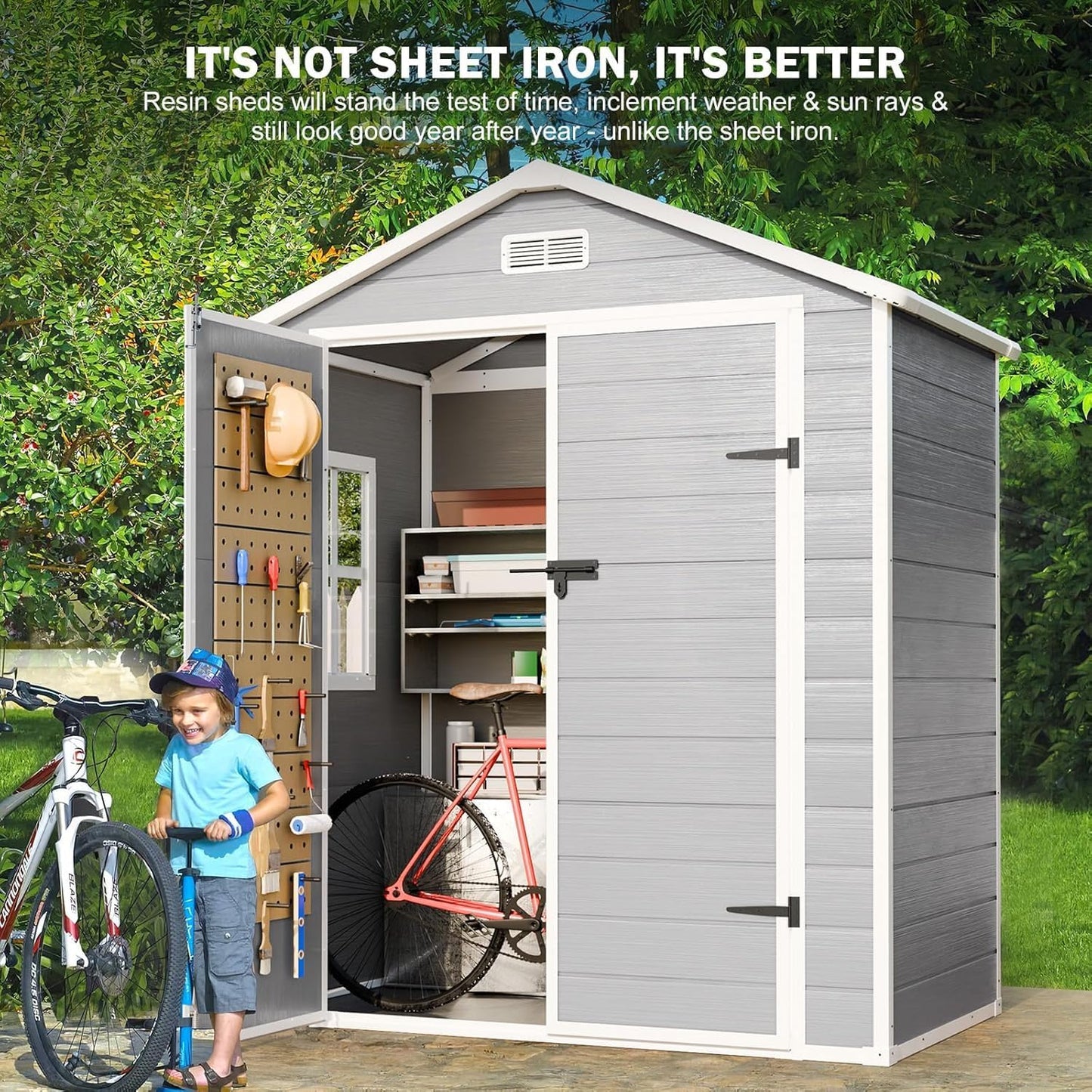 6x3 FT Resin Storage Shed, Waterproof Outdoor Shed with Floor Included, Window, Double Lockable Doors & 2 Vents, Outside Plastic Sheds for Garden Patio Backyard, Grey
