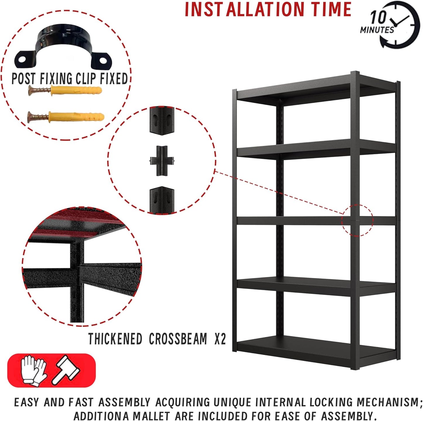 5 Tier Garage Shelves - 72"H x 39.4"W x 18"D, 3000 lbs Heavy Duty, Matte Black, Adjustable Metal Shelving for Industrial Garage Storage