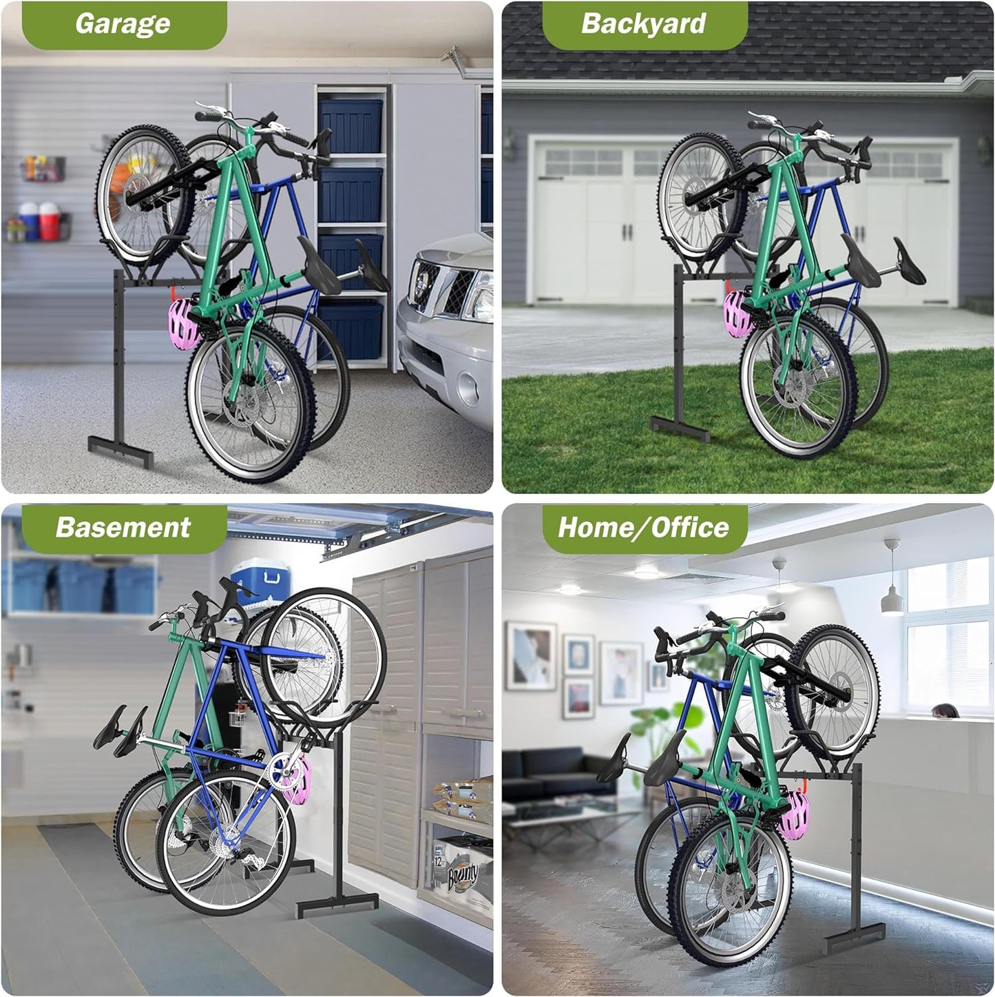 2 Bikes Floor Stand,Adjustable Bicycle Parking Rack with Hook for Garage/Indoor/Outdoor,Metal Cycle Storage Organizer Rack for Road Bikes