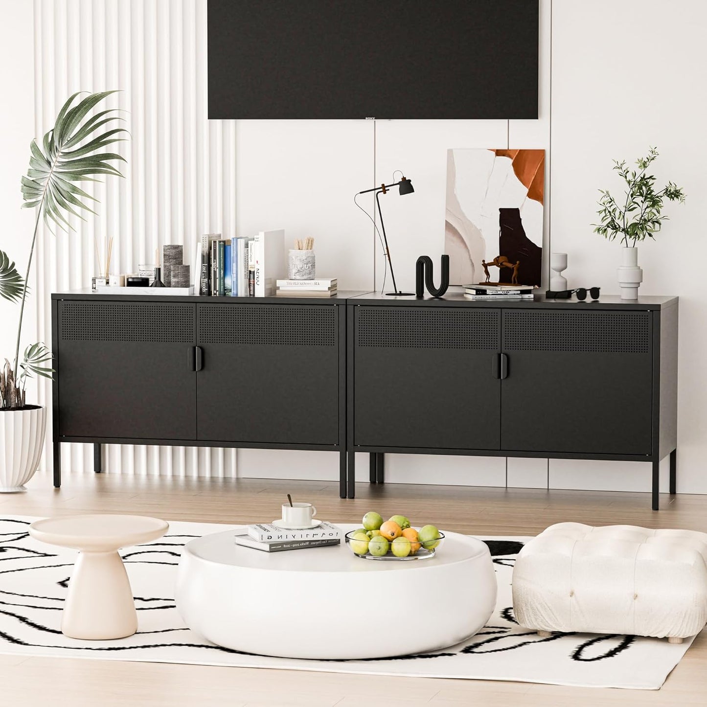 2 Door Storage Sideboard, Metal Storage Cabinet with 2 Adjustable Shelf,Multipurpose Metal Accent Cabinet for Office Home,Music Studio (Black, 25''H)