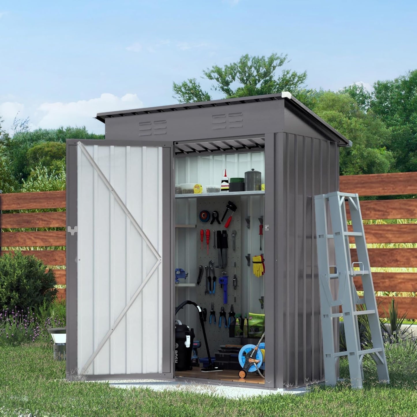 5x3x6FT Outdoor Storage Shed, Galvanized Steel Garden Shed with Lockable Door & Window, Waterproof Metal Tool Storage for Garden, Backyard, Patio, Lawn(Pitched Roof)