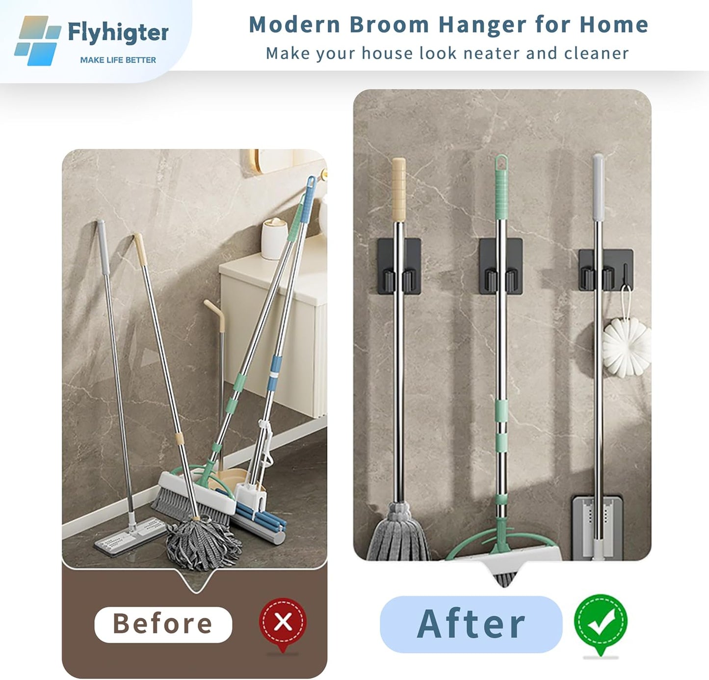 8 Pack Stainless Steel Mop Clips – Heavy Duty Wall Mounted Broom Holders, Rustproof & Tool-Free Install with Back Adhesive or Glue for Home and Garage