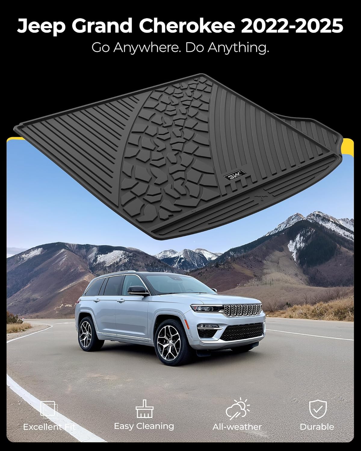 3W Cargo Liner Fit for 2022-2025 Jeep Grand Cherokee (Non L) TPE All Weather Custom Fit Trunk Mat, Black