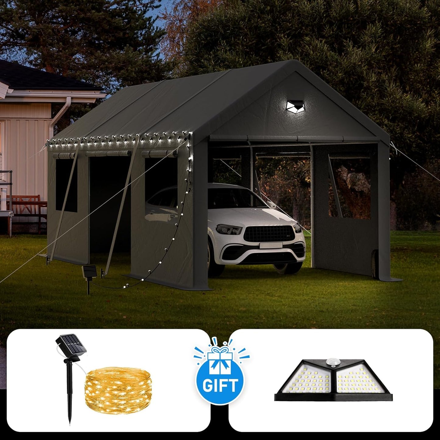 10x20 Carport, Heavy Duty Carport Canopy Garage with Removable Sidewalls and Drive Through Roll Up Zipper Doors & Side Doors, Grey