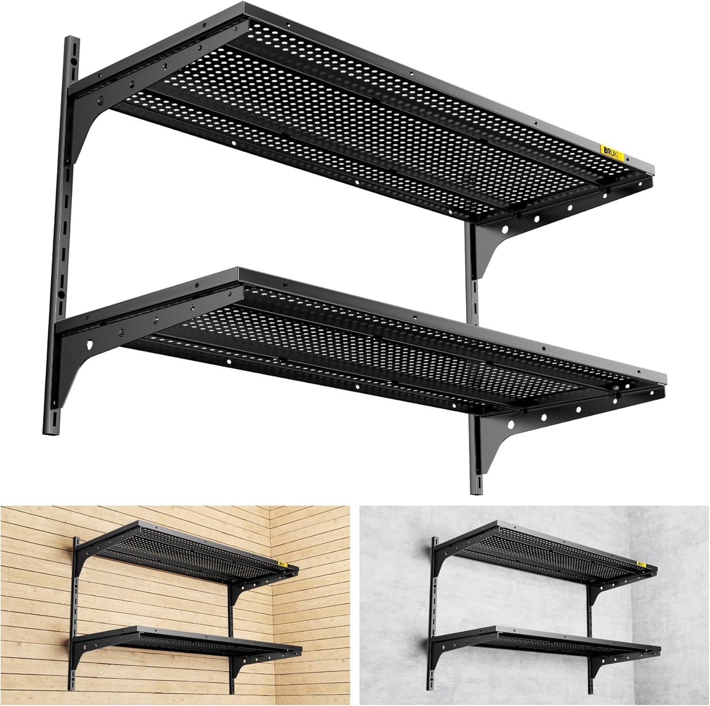 2 Tier 1.3x3ft Garage Shelving Wall Mounted, 400 lbs Load Capacity,15.6x36inch per Shelf Height Cassette Adjustable Floating Shelves(Black)