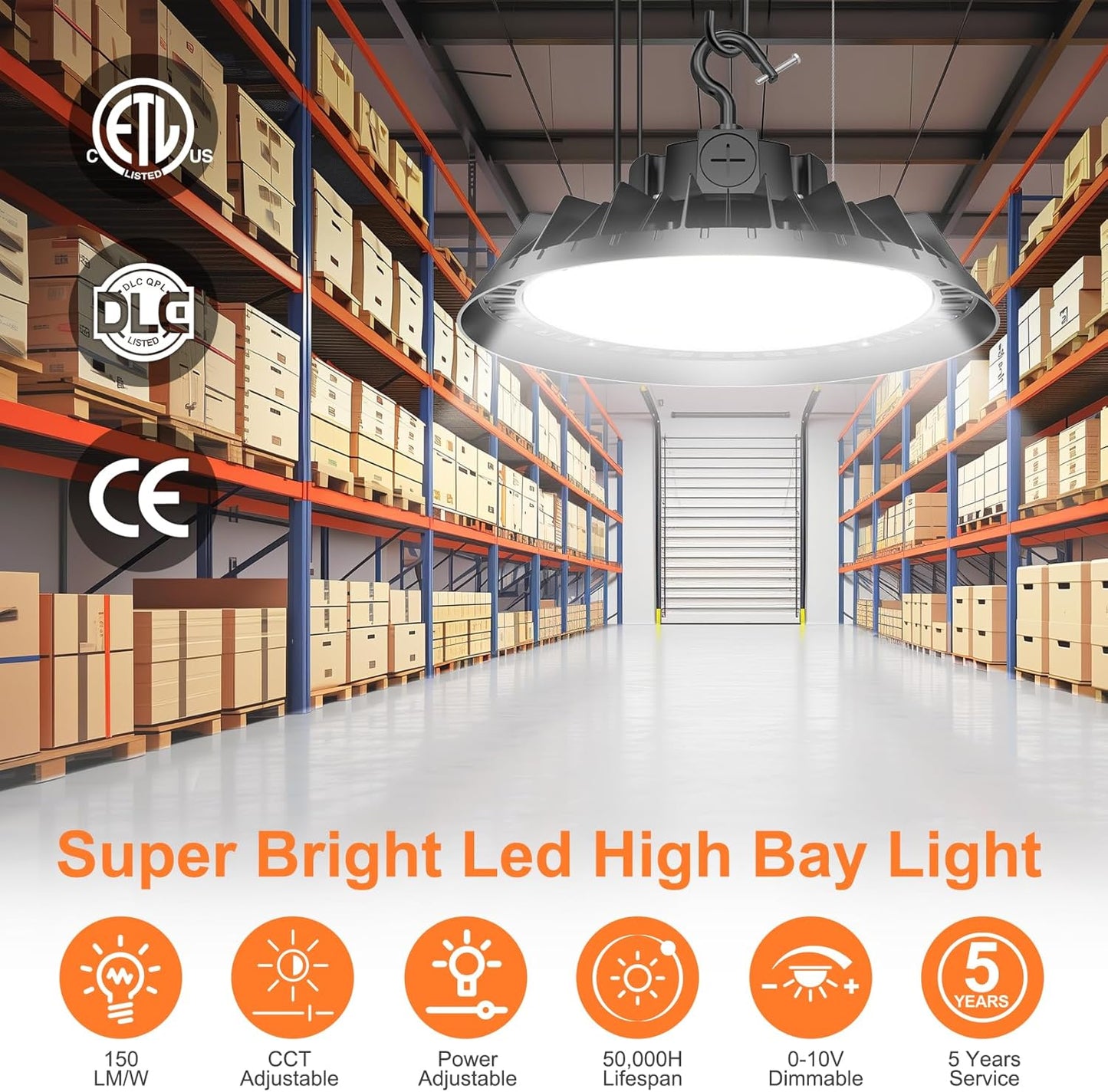6Pack LED High Bay Lights, 300W UFO High Bay LED Shop Lights, 45000LM Adjustable CCT(5700K 5000K 4500K) & Power(300W 240W 200W), 0-10V Dimmable, 5' Cable Plug, IP65 Waterproof, ETL & DLC Listed