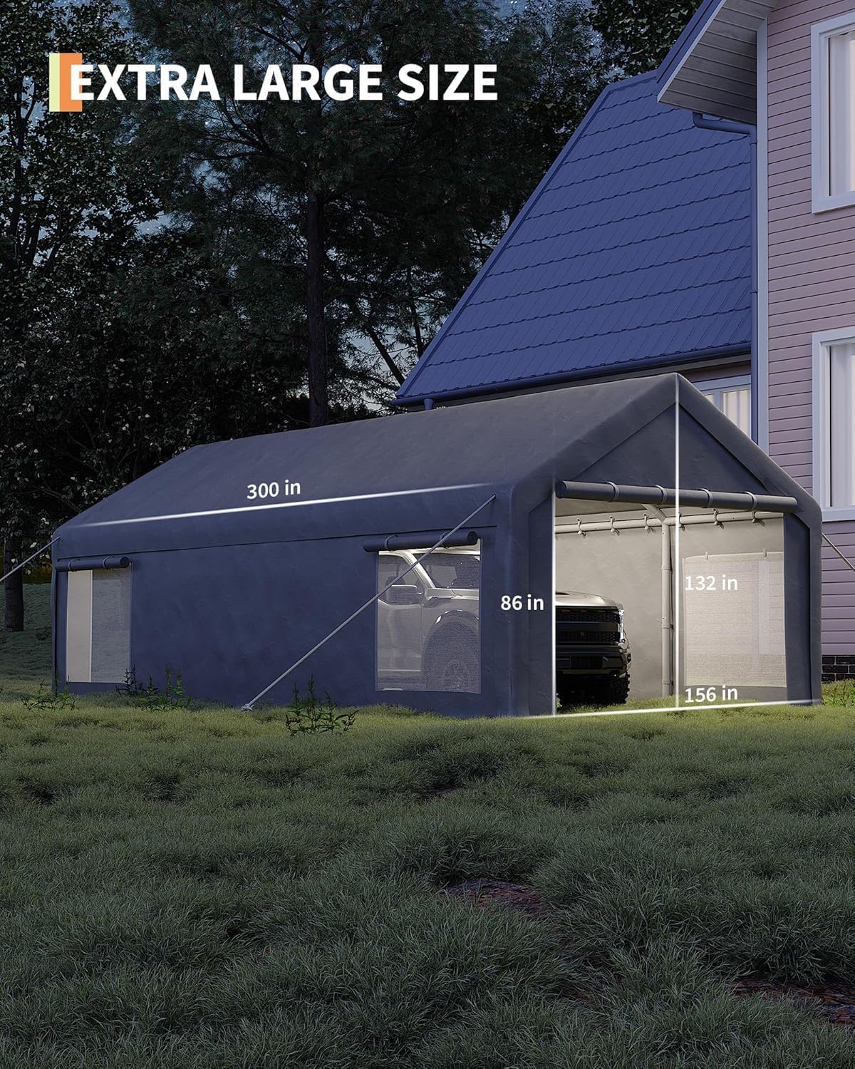 13 x 25ft Heavy-Duty Carport Canopy with Roll-Up Windows & DoorsThickened Wind Ropes, Ground Nails, Portable Car Tent Garage for Cars, Trucks, Boats, 200G Durable Tarp Cover,Grey