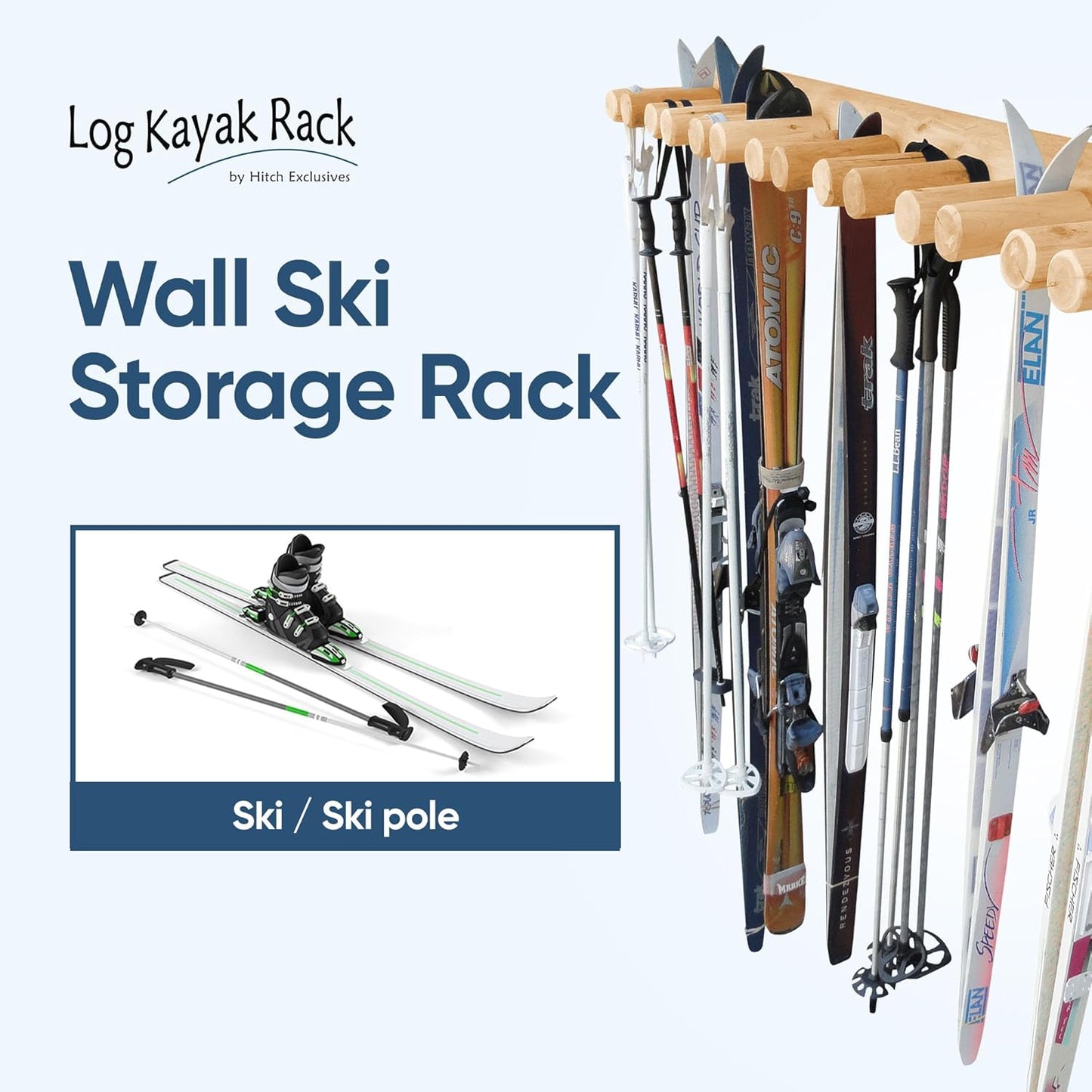 14-Place Log Ski Rack Wall Mount, Indoor Ski Storage Rack for Garage Organizers, Wooden Skis Wall Mount Storage Racks, Pole Skis Sports Racks, Garage Organization Walls - Natural