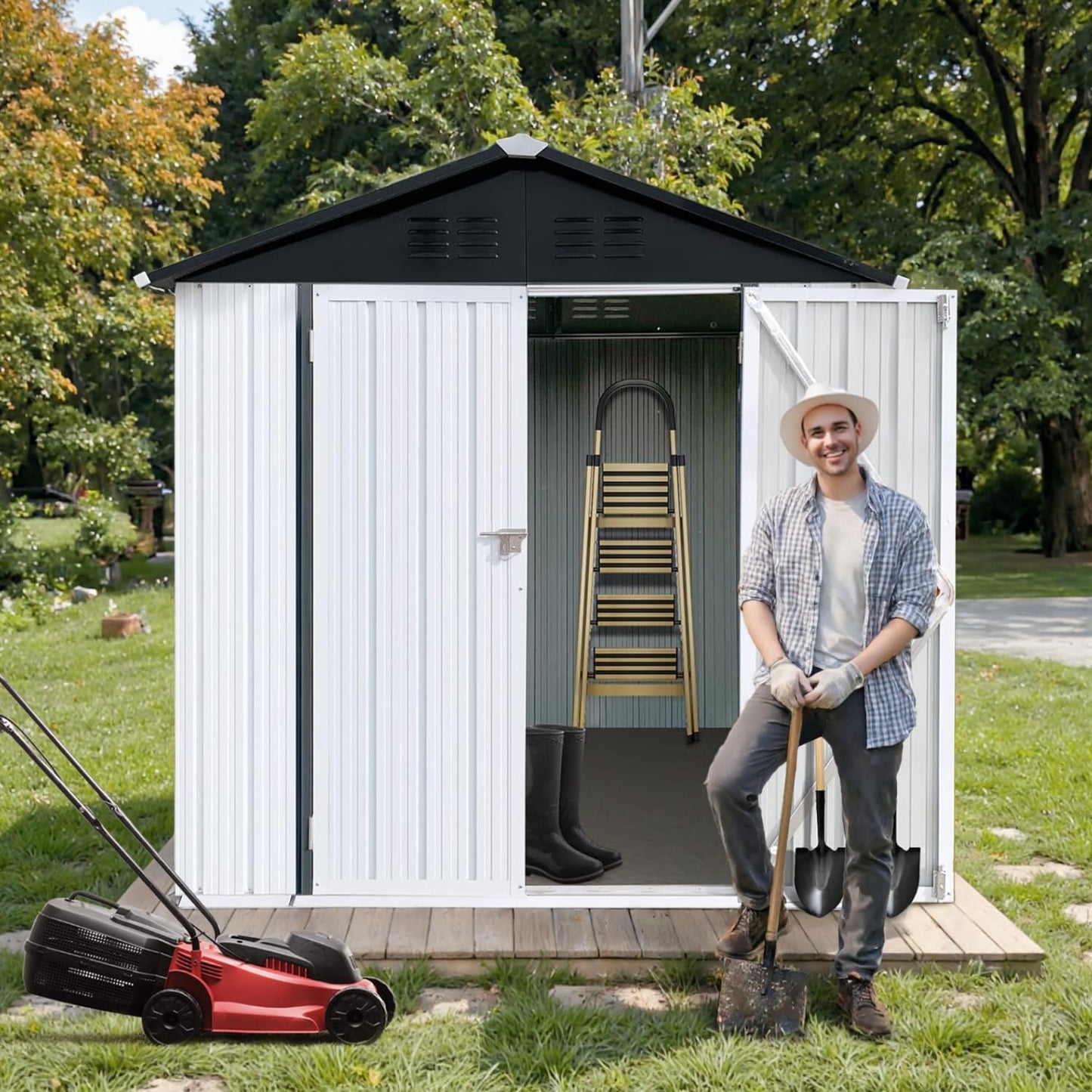 6 x 4 FT Outdoor Storage Metal Shed, Bike Garden Tool Shed with Slooping Roof, Lockable Doors and Aluminum Frames, Shed Easy to Assemble for Garden, Patio, Lawn, White+Black
