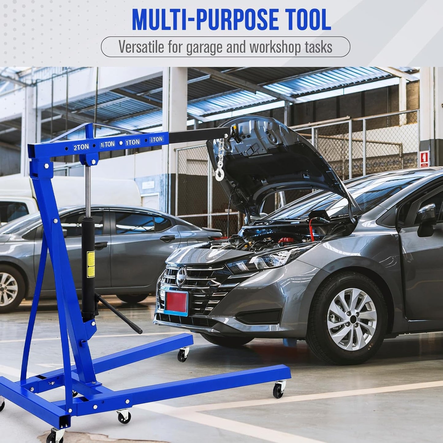 2 Ton Engine Hoist, Hydraulic Cherry Picker Engine Hoist Lift, 4400LBS Heavy Duty Crane Lifter with 6 Casters and Telescopic Boom, Foldable & Portable Design, for Garage, Workshop, Warehouse (Blue)