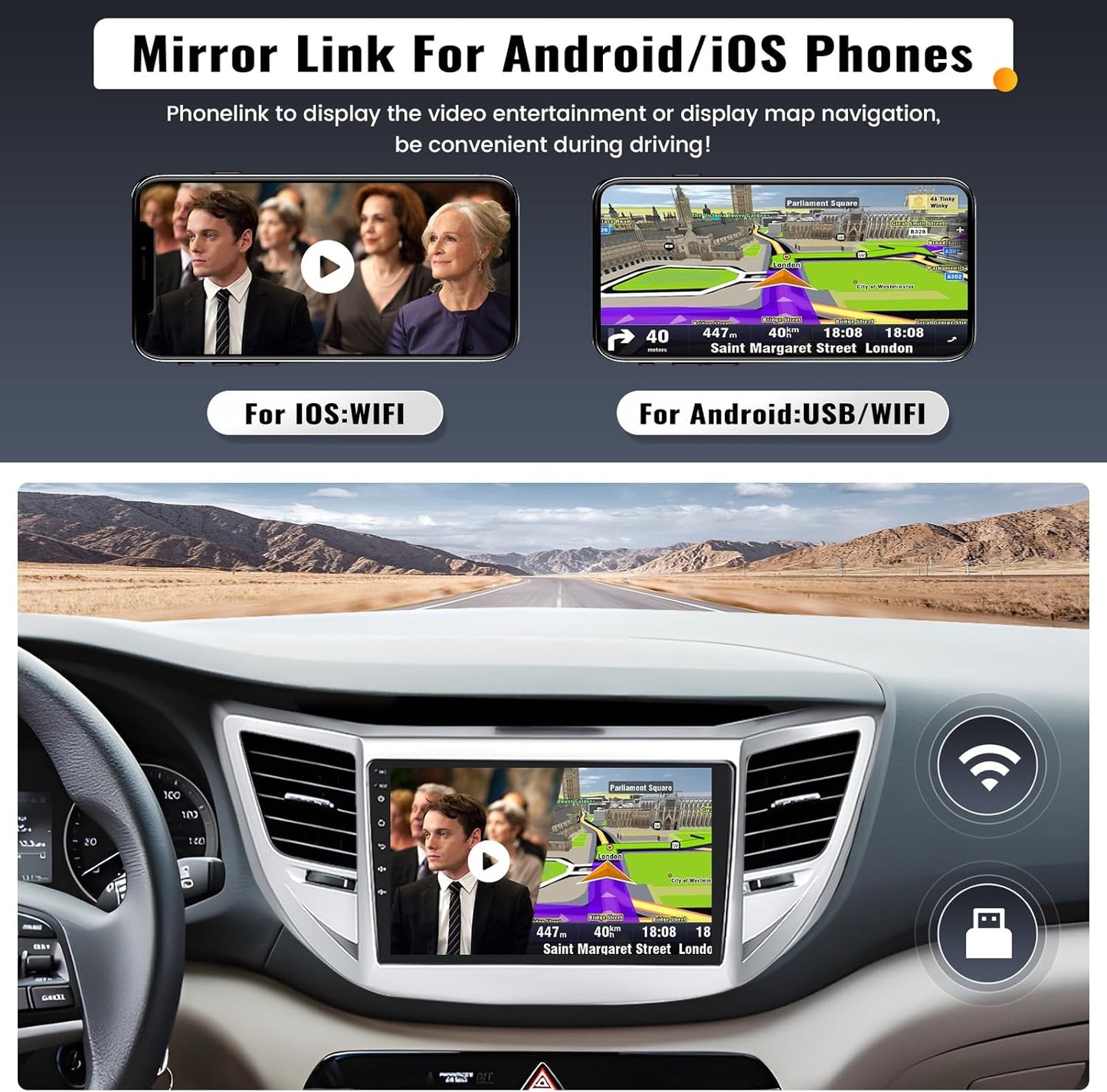 2G+32G 9 Inch Android Car Stereo for Hyundai Tucson 2015-2018 Radio Wireless Apple CarPlay Android Auto Bluetooth Touchscreen GPS Navigation Head Unit WiFi FM USB SWC Split Screen+AHD Backup Camera