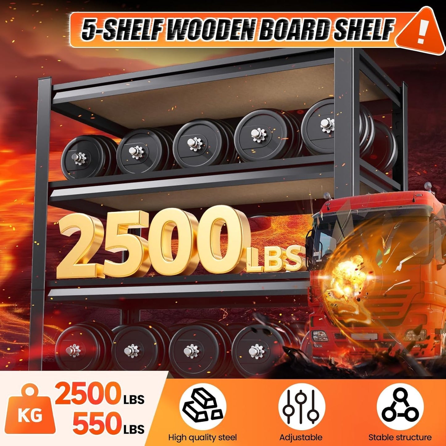 72" H*36'' Storage Shelves 2500lbs Garage Shelving, Adjustable Heavy Duty Garage Shelves, Easy to Install Metal Shelving Wood Shelving Unit, Storage Shelf for Basement Warehouse, 2 Pack