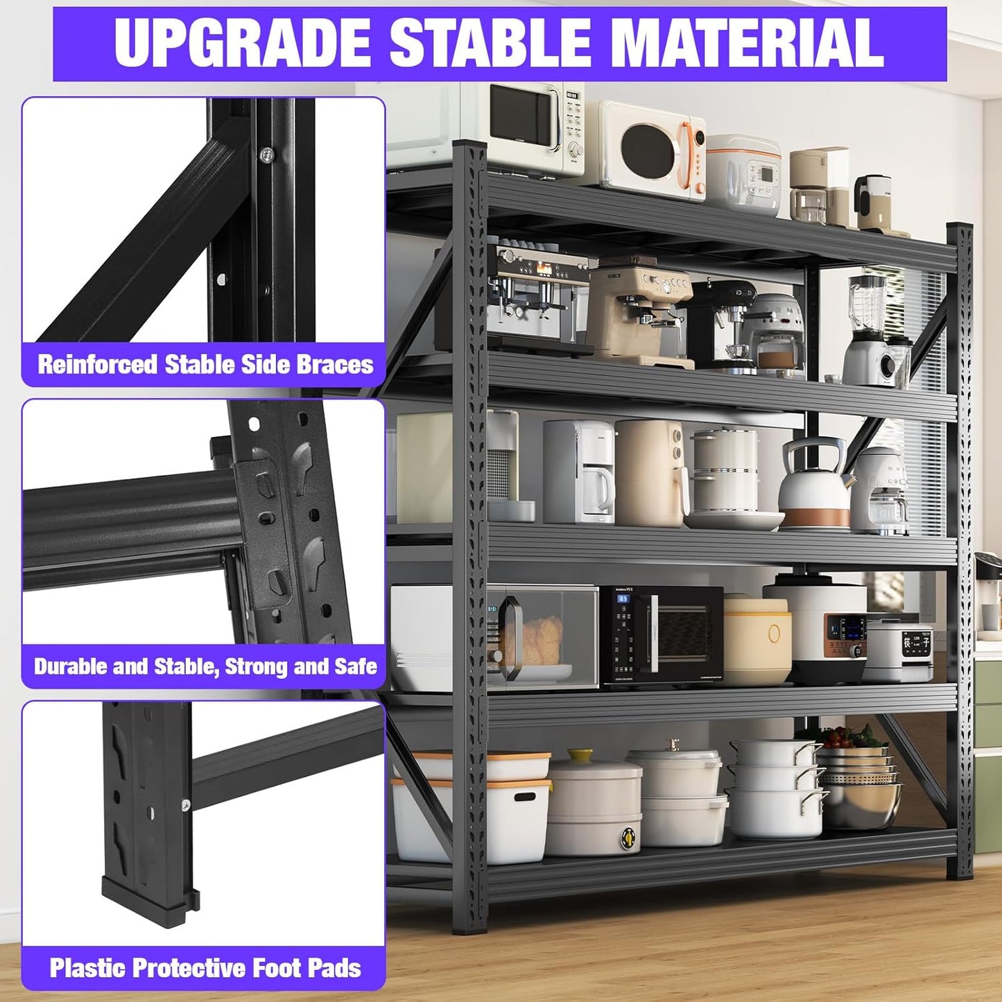 8000LBS Garage Shelving Heavy Duty, 5-Tier 71" H Storage Garage Shelves, Industrial Adjustable Metal Shelving Units for Garages, Warehouses, Kitchen, Black, 63" W x 24" D x 71" H