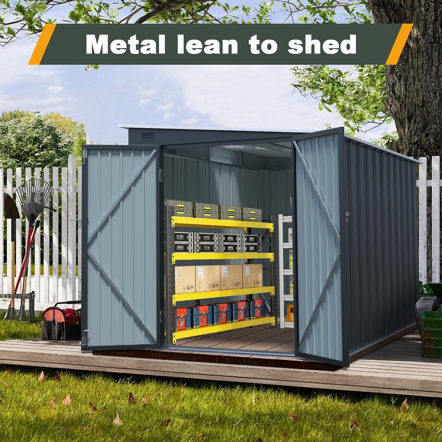 6x8FT Outdoor Storage Shed with Lockable Double Doors, Metal Lean to Garden Shed with Free PC Light Board for Tools, Small Outside Storage Shed Waterproof for Backyard, Patio, Gift for Dad