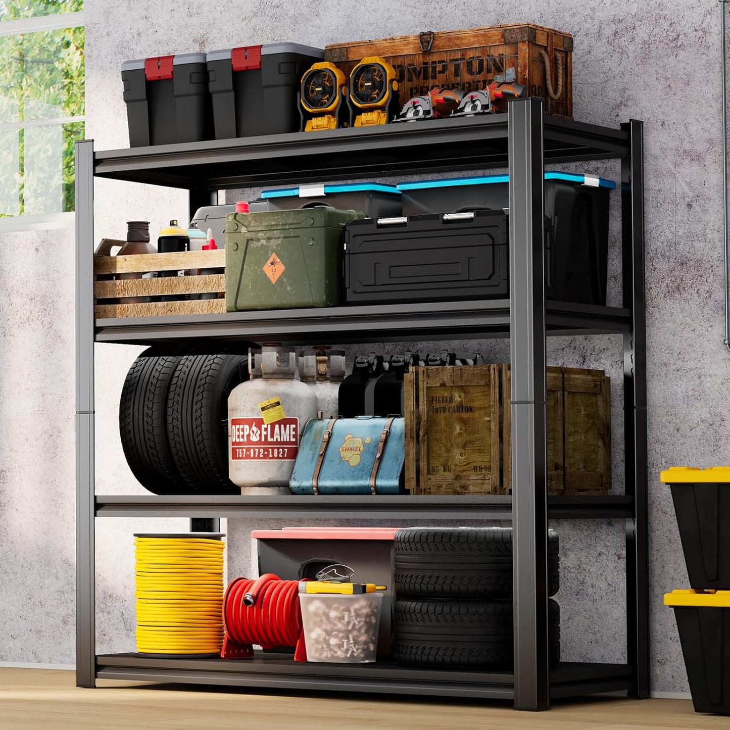 59" H Garage Shelving 2400LBS Capacity Heavy Duty Storage Shelves, Adjustable 4 Tier Metal Industrial Shelf for Kitchen, Utility Room, Warehouse and Basement,14" Dx32 Wx59 H, Black