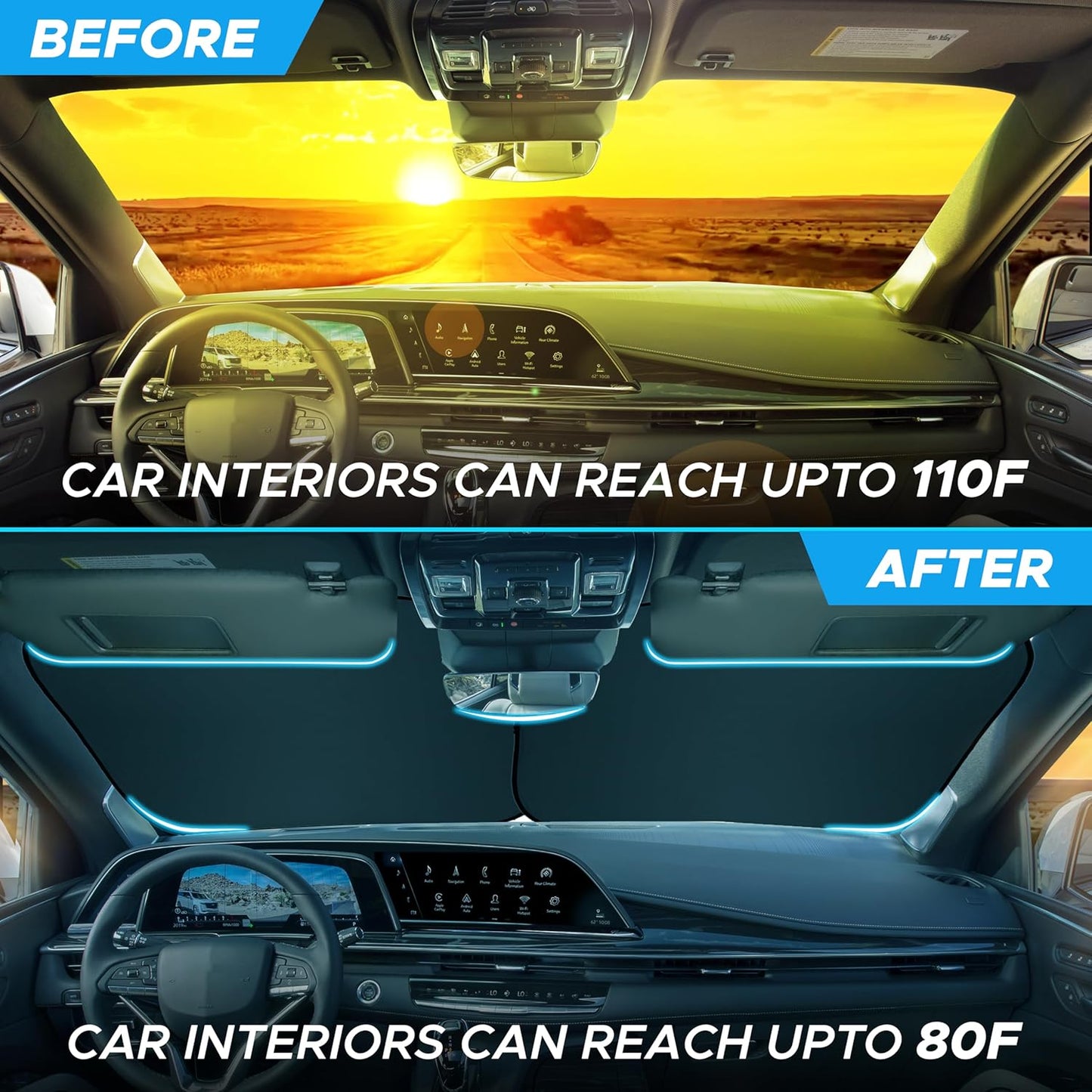 2 Piece Truck Windshield Sun Shade Foldable | Front Windshield Shade for Superior Sun, Heat, and UV Rays Protection | Square Sunshade for Car Ensuring Interior Protection | Large (36"x32.5")