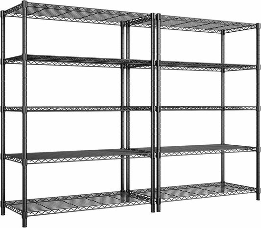 5 Tier Storage Shelves 71"H Wire Shelving Adjustable Metal Shelving,1000LBS Pantry Shelves Sturdy Steel Wire Shelf for Kitchen School Pantry Garage Warehouse ,71"H X35.5"W X13.8"D, Black,2P