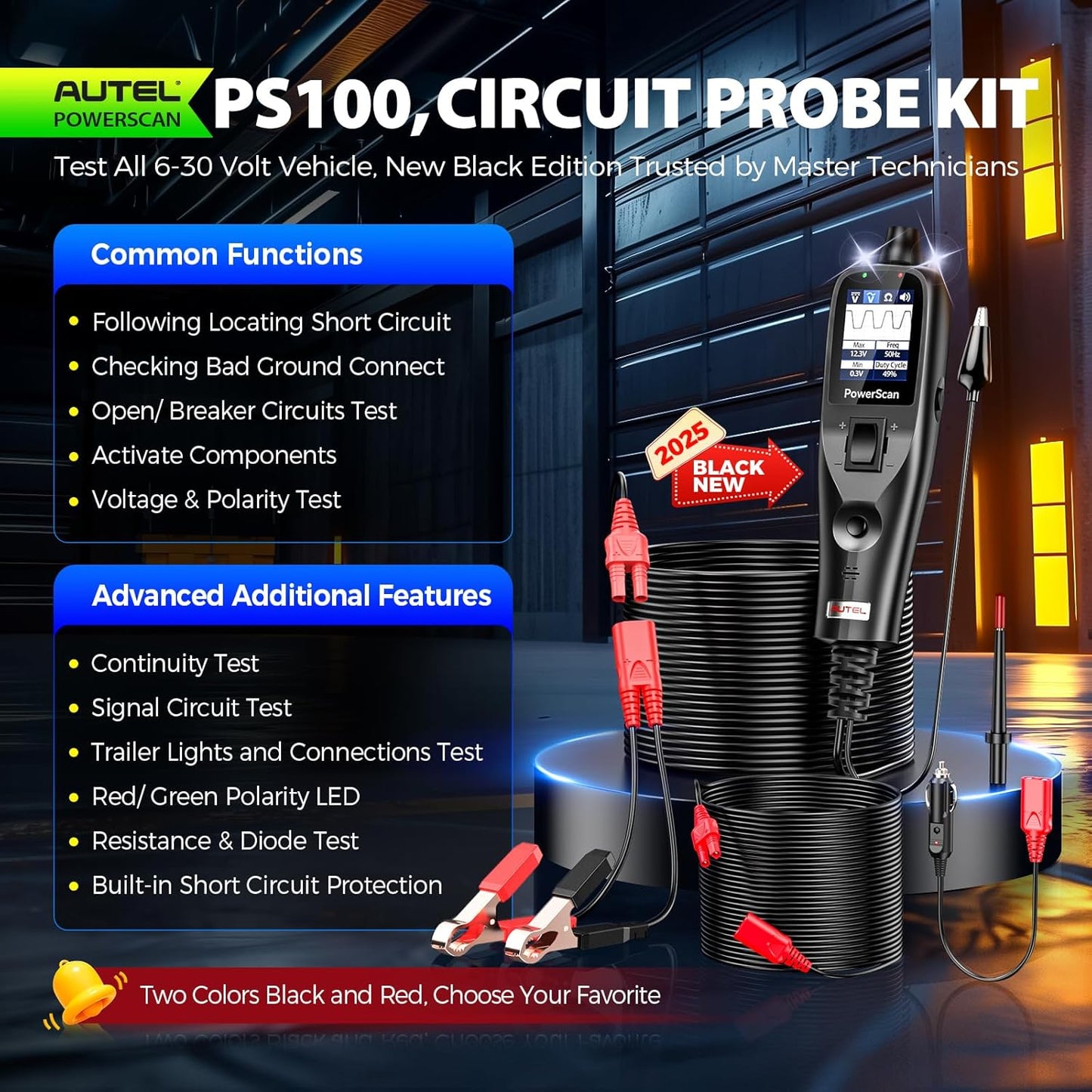 2025 Autel PowerScan PS100 Power Circuit Probe Tester, 12-24V Automotive Electrical Open/Short Breaker Finder, Component Activation Test Tool, AC/DC Trailer Relay Fuse Test, 40FT Cable, for 99% Cars