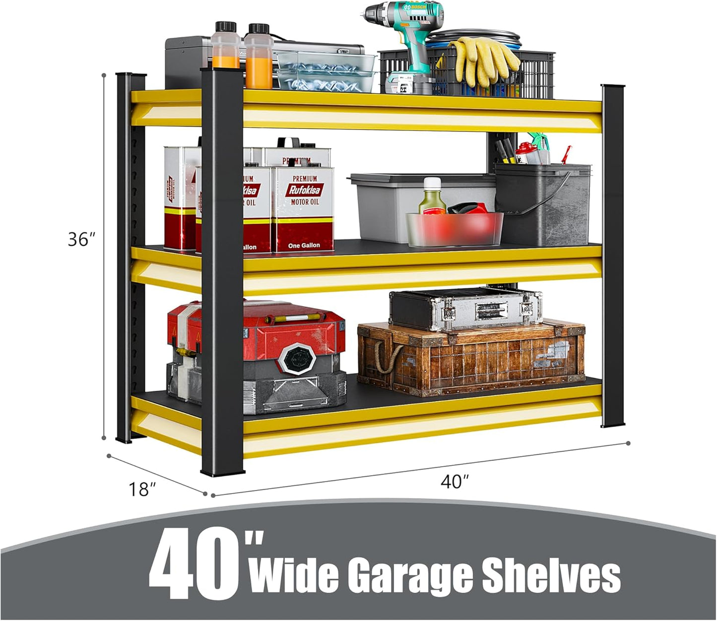 40" W Garage Shelving Heavy Duty, 1500LBS Loads Adjustable Garage Storage Shelves,3-Tier Metal Storage Racks and Shelving Units, Utility Rack Shelves,40" W x 18" D x 36" H,Yellow