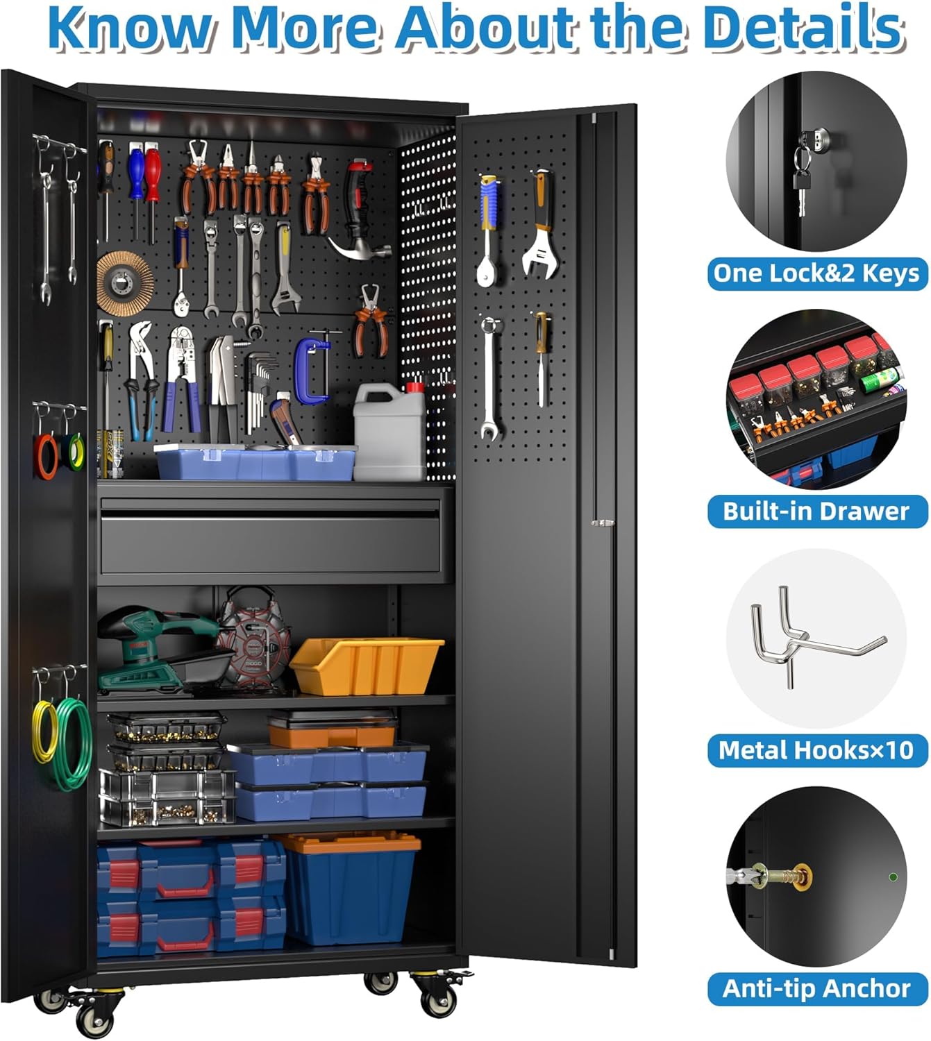 71" Metal Garage Storage Cabinet with 16 Hooks and Pegboards,1 Drawer Inside Rolling Tool Storage Cabinet with Adjustable Shelves,3 Metal Hanging Rod for Garage,Warehouse