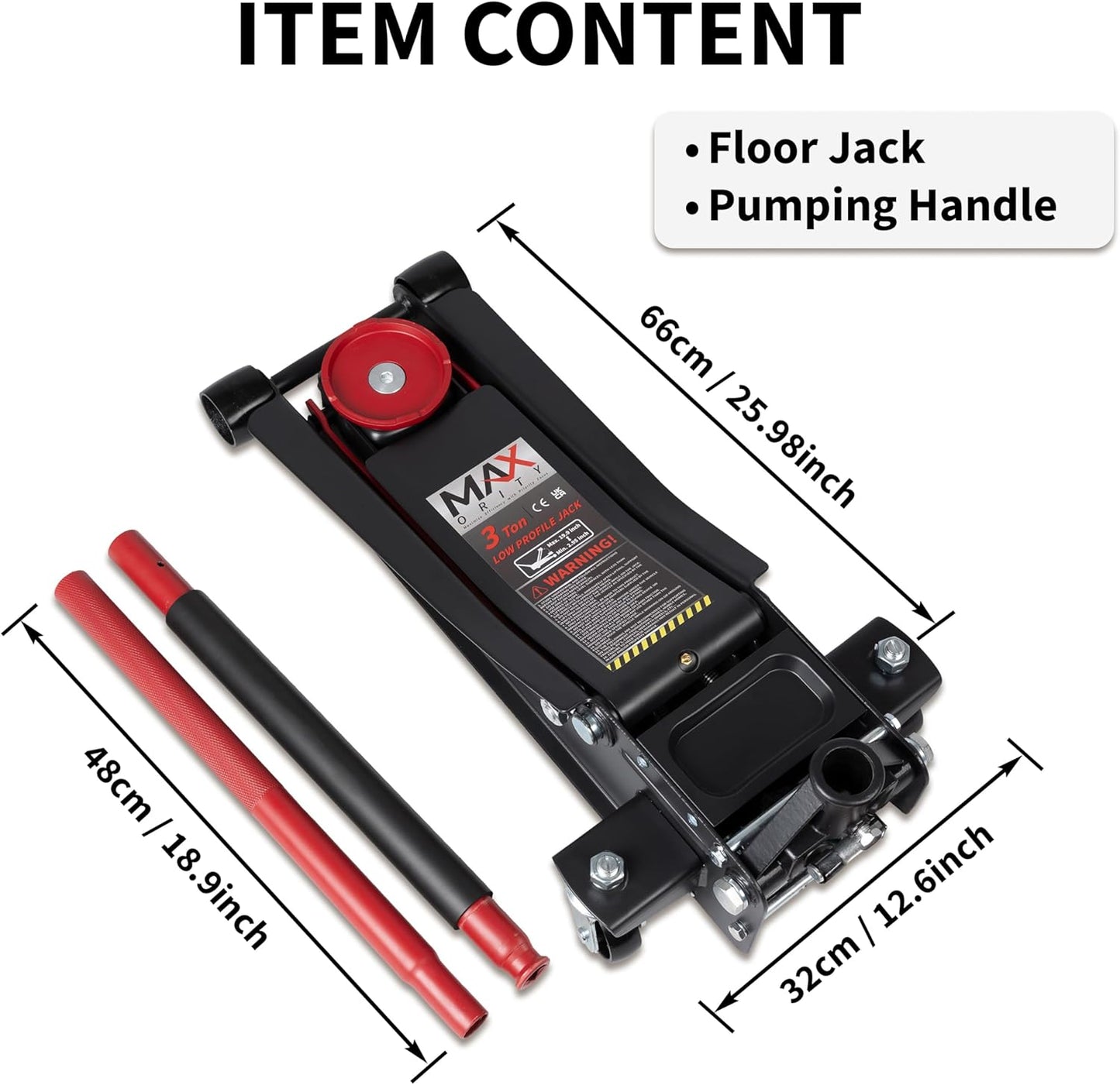 3-Ton (6600lbs) Low Profile Hydraulic Heavy-Duty Steel Floor Jack with Dual Pistons Quick Lift Pump, Home and Workshop Car Maintenance for Various Vehicles (Red, 3 Ton Low Profile)