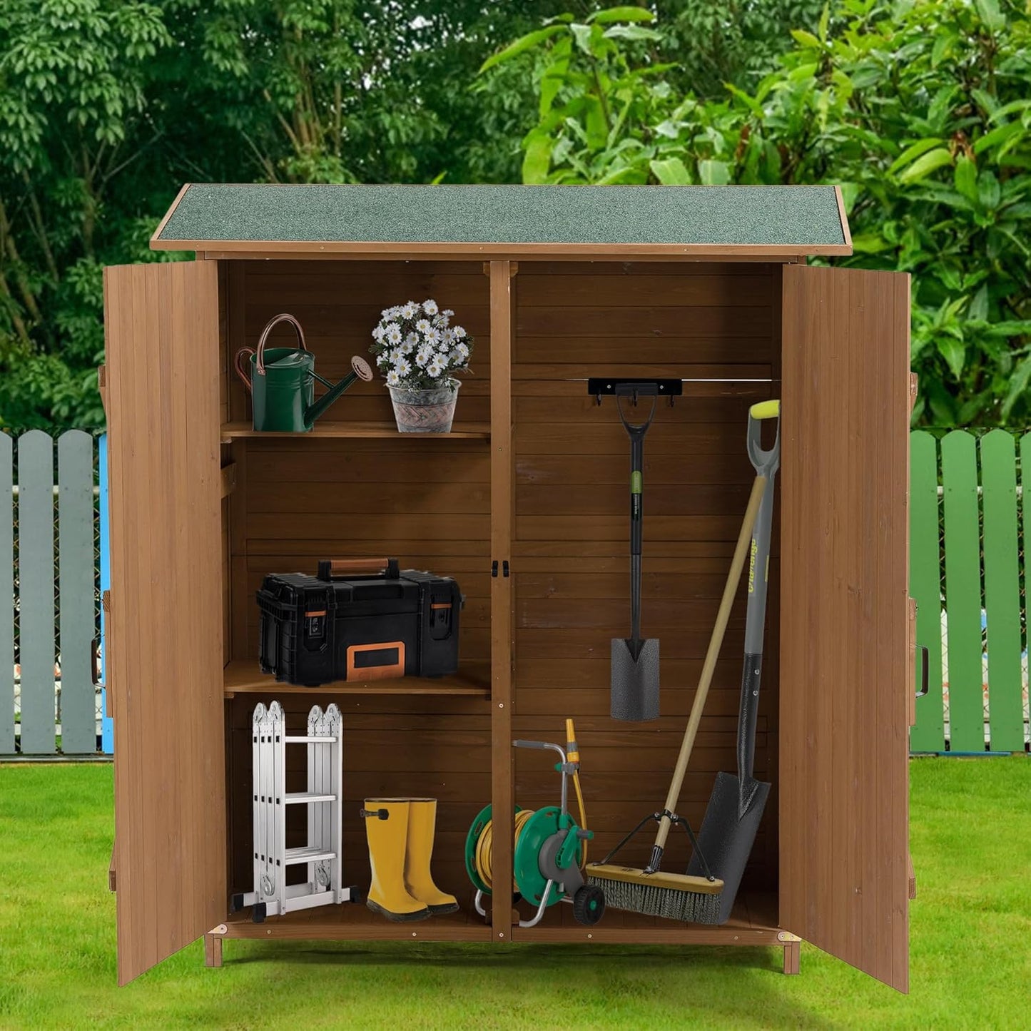 56" L x 19.5" W x 64" H Tall Outdoor Wooden Storage Shed with Lockable Doors, Waterproof Asphalt Roof, Removable Shelves for Garden Tools,Yellow Brown