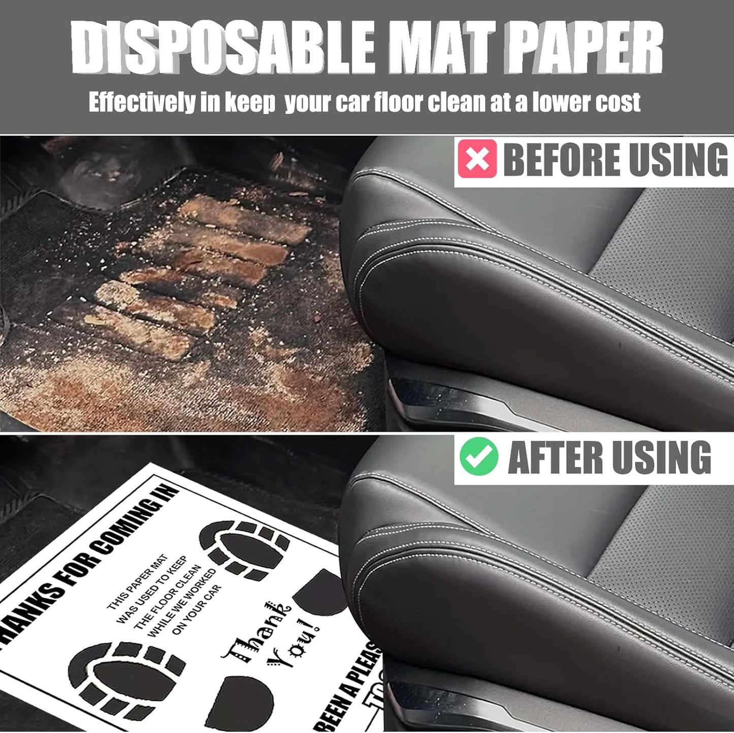 300 Pcs Car Paper Floor Mats, Disposable Automotive Floor Mats for Car Detailing with Footprint Words, White Car Foot Pads Protective Papers (19.3" x 15.4")