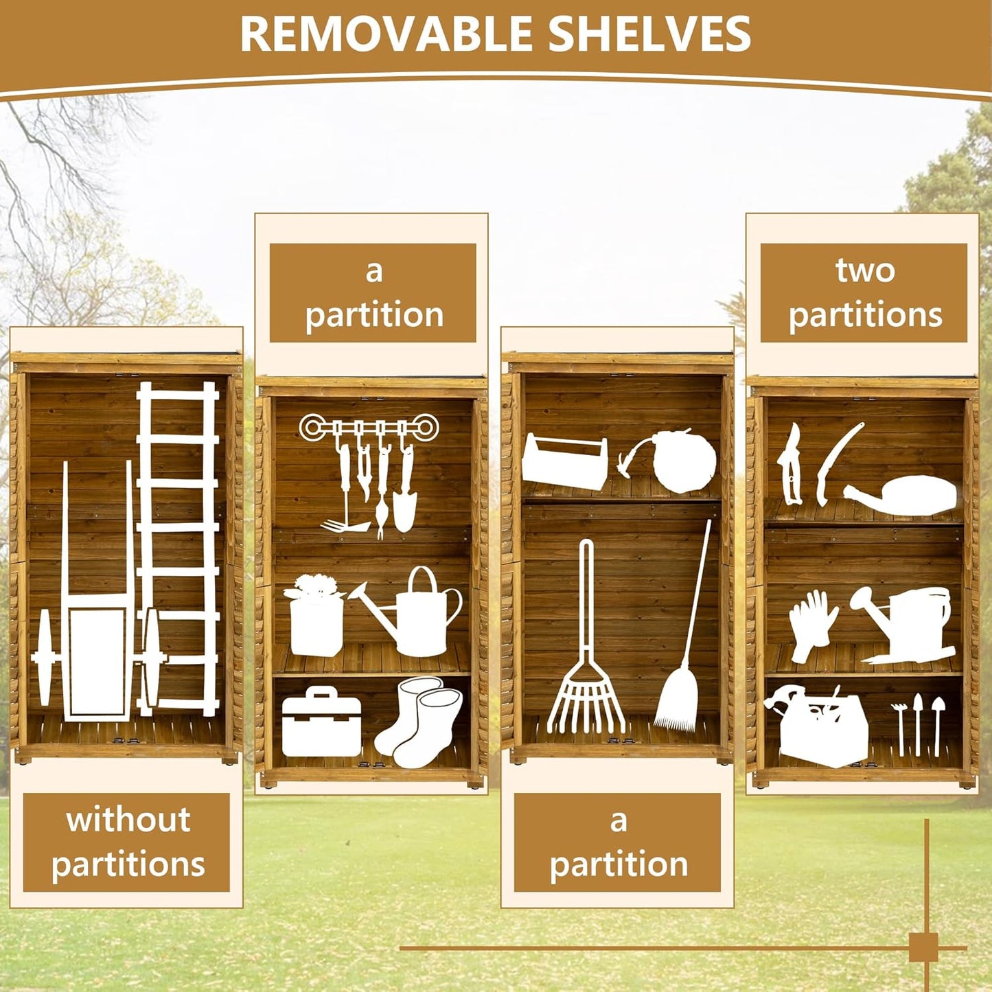 63 "H x 34.25 "L x 18.5 "W Vertical Garden Shed for Patio,Outdoor Wooden Storage Cabinet with Waterproof Roof, 2 Removable Shelves, and Adjustable Feet, Yard, and Garage,Natural Wood