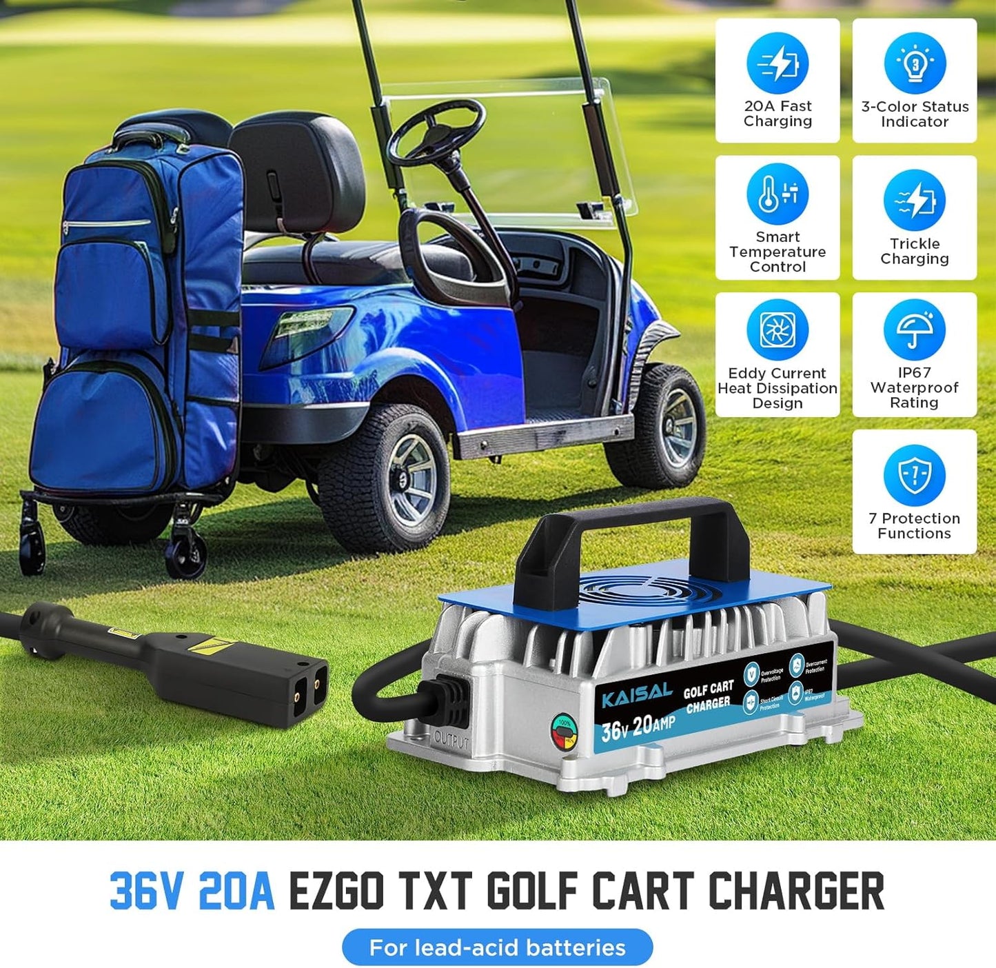 36 Volt Golf Cart Battery Charger for EZGO TXT, 20AMP 1250W EZ GO Golf Cart Charger IP67 Waterproof 36V 20A EZ GO Charger with EZGO TXT D-Plug, 4-6 hrs Full Charge, 16FT Cable, for Lead-Acid Battery