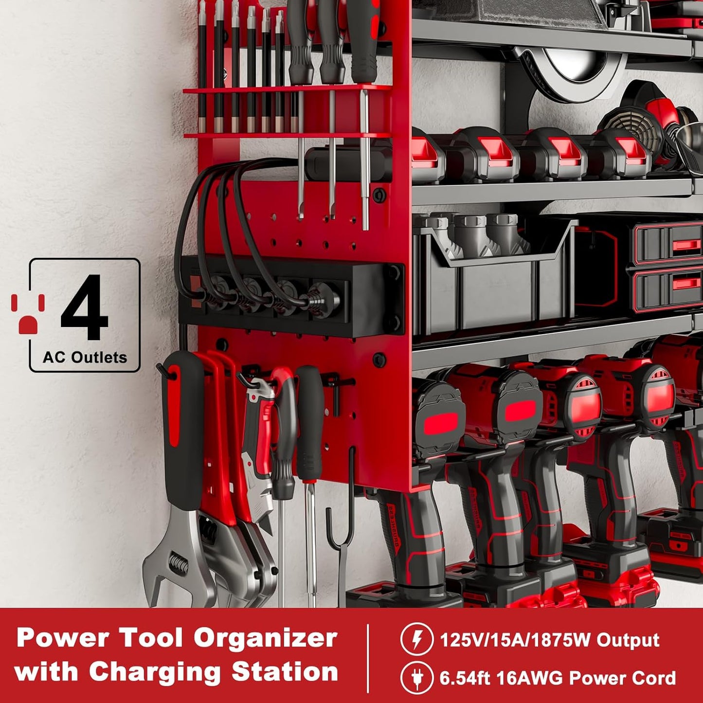 12 Cordless Drill Holder Large Power Tool Organizer Wall Mount with Side Pegboard & Screwdriver Holder, 4-Tier Heavy Duty Metal Tool Storage Rack with 4-Outlet Power Strip