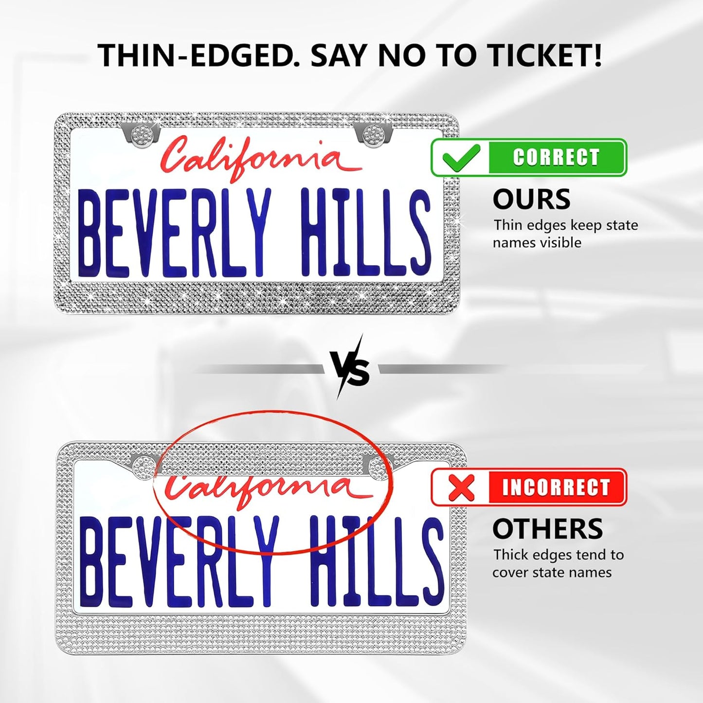 2 Pack Silver Bling License Plate Frames for Women - Stainless Steel with Diamond Sparkly Rhinestone License Plate Holder - Perfect Birthday for Auto Lovers