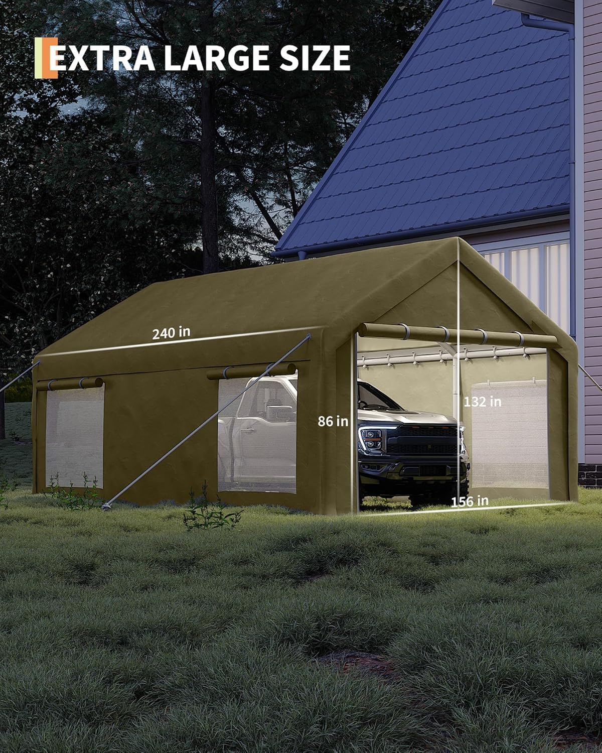 13 x 20ft Heavy-Duty Carport Canopy with Roll-Up Windows & DoorsThickened Wind Ropes, Ground Nails, Portable Car Tent Garage for Cars, Trucks, Boats, 180G Durable Tarp Cover,Yellow