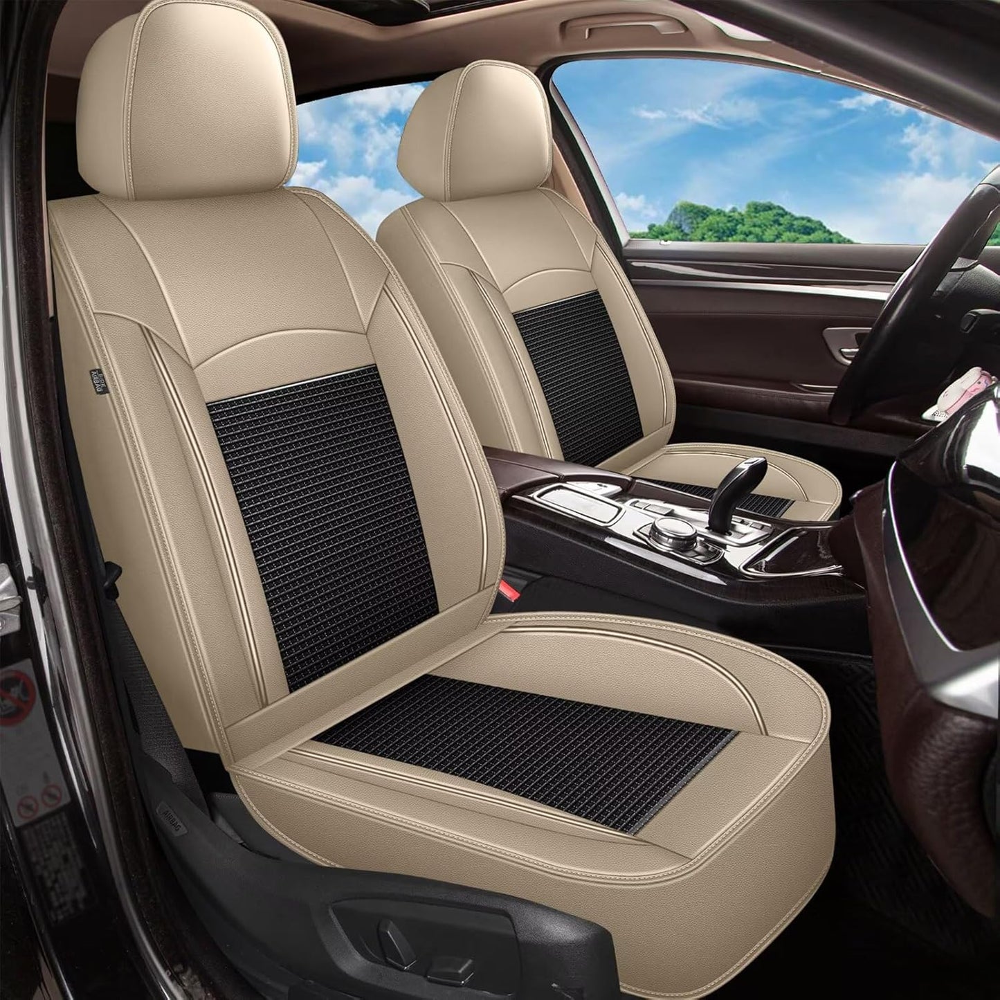 2 Front Seat Covers Fit for Toyota Camry 2012-2023 2024 2025: Car Seat Covers Leather Waterproof Ice Silk Breathable Car Seat Cushion Protector (2 Seats, Black & Beige)