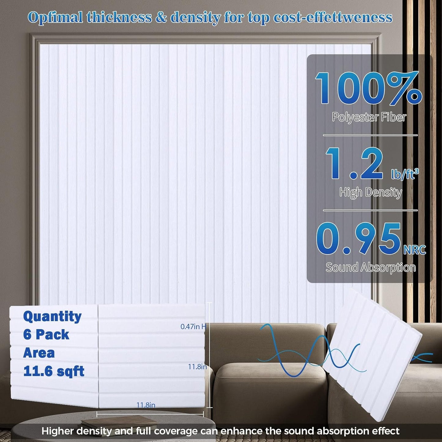 6 Pack Large Fold Soundproof Wall Panels, 24 x 12 x 0.47 in Sound Proof Foam Panels for Walls, 1.2lb/ft³ High Density, Thicker 0.47in, Acoustic Panels, Sound Dampening Panels White