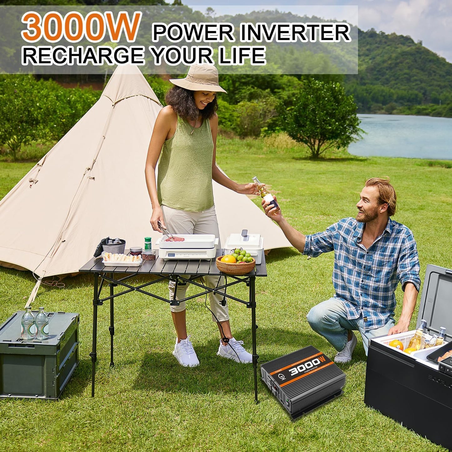 3000 Watt car Power Inverter 12V to 110V /120V for RV semi Trucks Vehicles Power Converter with with 1 USB Ports and 3 AC Outlet- 3000W Inverter