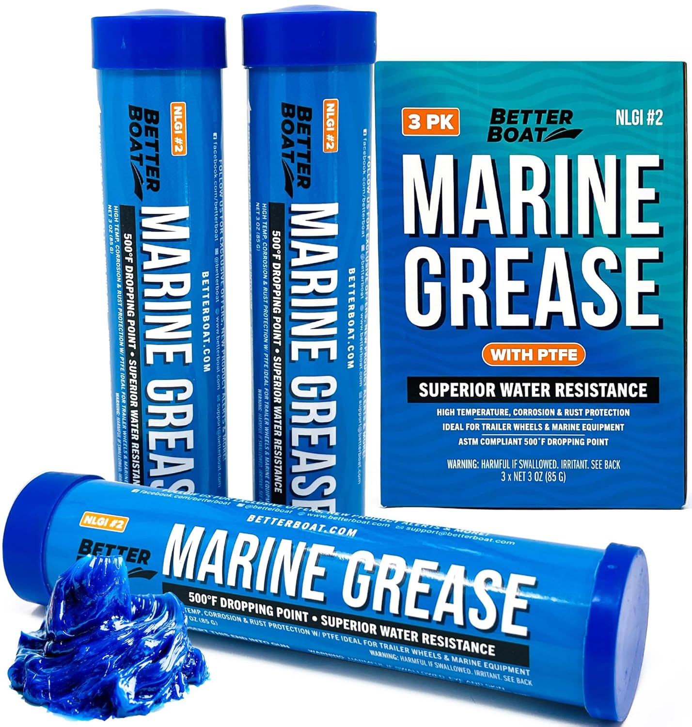 3PK Mini Marine Grease Tube, 3 Oz Cartridge, Waterproof High Temp Wheel Bearing Lubricant, NLGI 2, for Boat Trailer Bearings and Grease Guns, 3-Pack