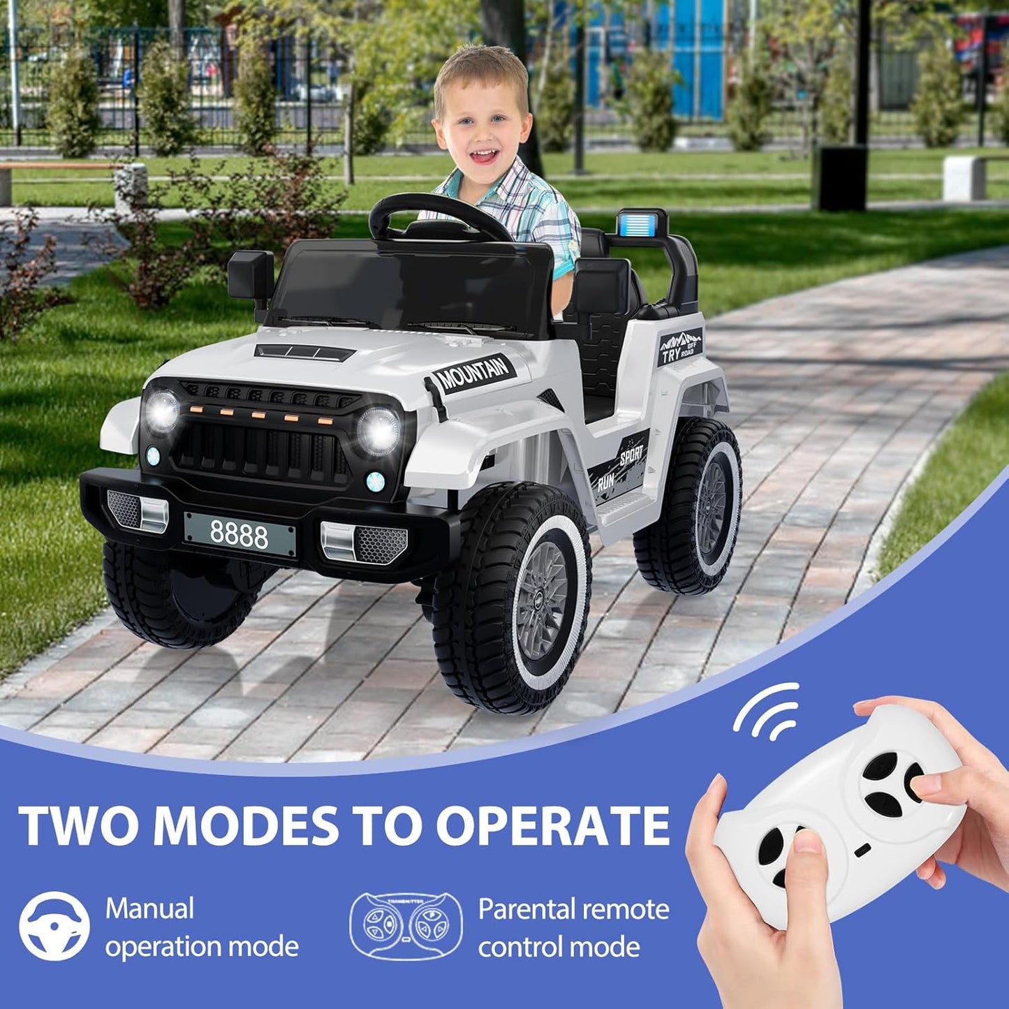 12V Kids Ride On Truck Car, Battery Powered Electric Vehicles with Remote Control, Spring Suspensions, 3 Speeds, LED Lights, Music, MP3, Ride On Toy Car for Children Toddles Boys Girls, White
