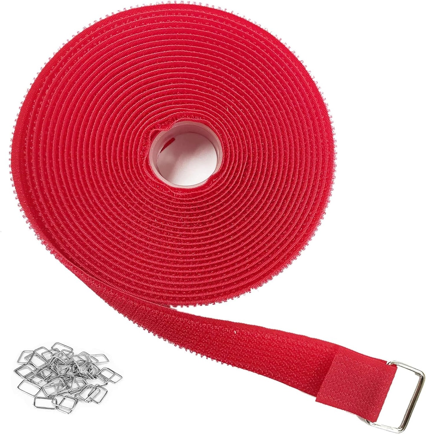 1"x16ft Hook and Loop Straps with 25 Metal Buckles, Adjustable Fastening Cable Straps, Cut-to-Length Cinch Strap, Reusable Nylon Securing Cord Ties for Organizer or Storage, 1 inch Wide,Red
