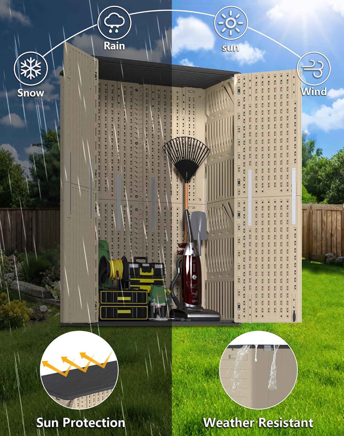 60 Cu.Ft Vertical Outdoor Storage Shed, Weatherproof Outdoor Tall Cabinet, Lockable Resin Shed with Double-Wall Panels and Floor for Garden, Garage, Patio(Shelves Not Included)