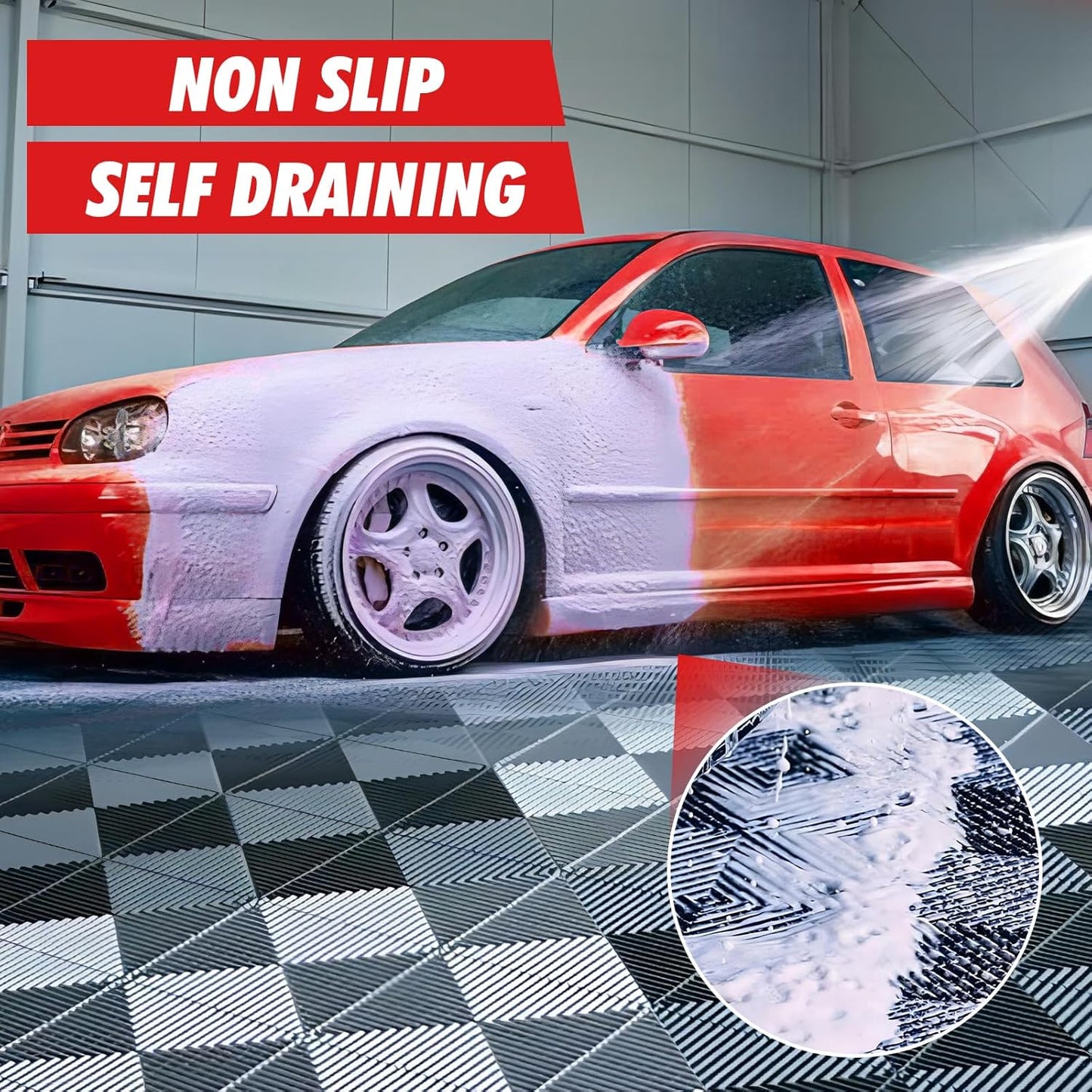 15.7"x15.7" Garage Flooring Tiles, Non-Slip Interlocking Plastic Garage Floor Mat, Garage Organization & Garage Storage, Vented Pattern (red, 25pcs)