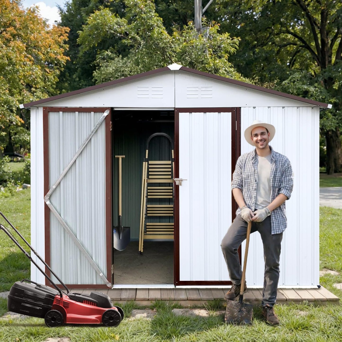 8 x 6 FT Outdoor Storage Shed, Metal Garden Tool Shed with Slooping Roof, Lockable Doors, All-Weather Bike Shed Easy to Assemble for Backyard, Patio, Lawn, White