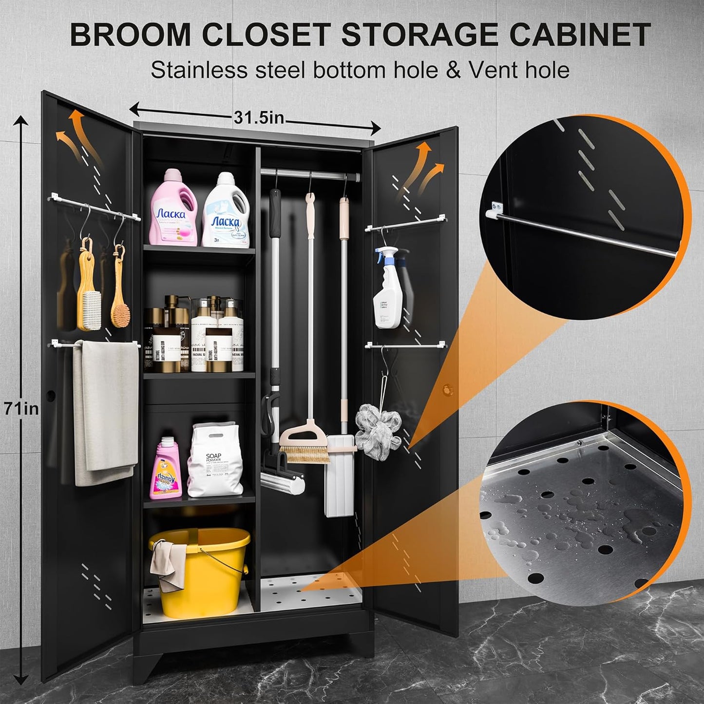 71" Metal Garage Tools Storage Cabinet with Doors and Shelves, Broom Tool Storage Filing Cabinets with Lock, Black Cleaning Supplies Organization Cabinet with Hanging Rod