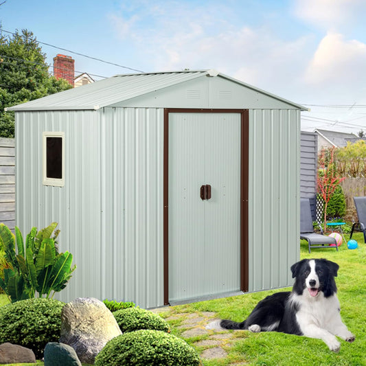 4x8 FT Outdoor Storage Shed, Metal Garden Shed with Frame Floor, Outside Tool Shed with Window, Waterproof Storage Building with Lockable Sliding Doors & Sloped Roof for Backyard, Patio, White