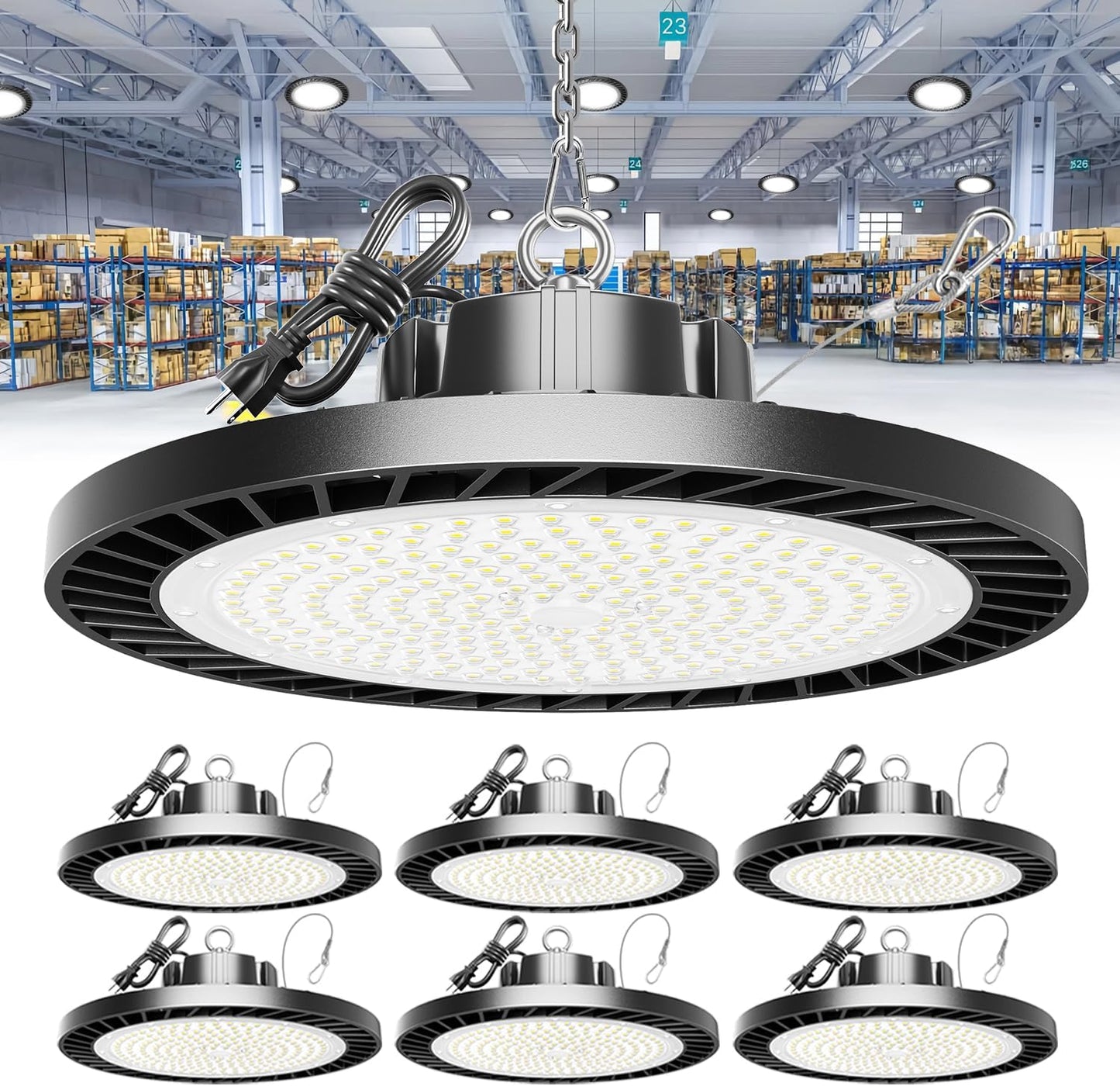250W UFO LED High Bay Light, 37500LM Super Bright Industrial UFO High Bay LED Shop Lights & Garage Lights,6000K Shop Light IP65 Waterproof with US Plug, for Garage/Warehouse/Gym (6 Pack)